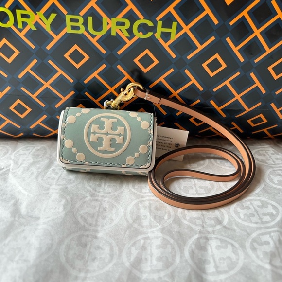 Tory Burch T Monogram Embossed Leather AirPods Pro Case Blue Celadon - Picture 1 of 5